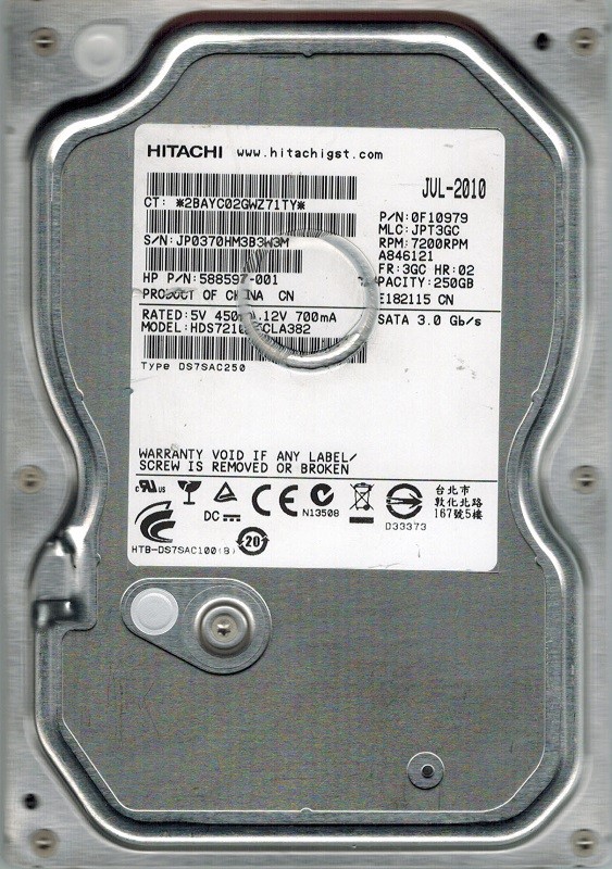 Hitachi HDS721025CLA382 P/N: 0F10979 MLC: JPT3GC 250GB