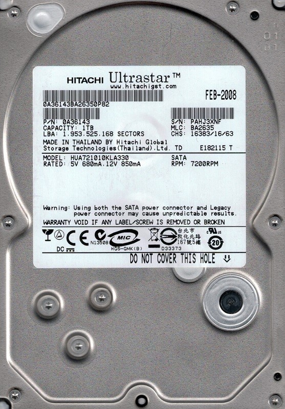  Hitachi HUA721010KLA330 P/N: 0A36143 MLC: BA2635 1TB