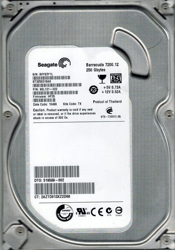 Seagate ST3250318AS P/N: 9SL131-022 F/W: HP35 250GB TK