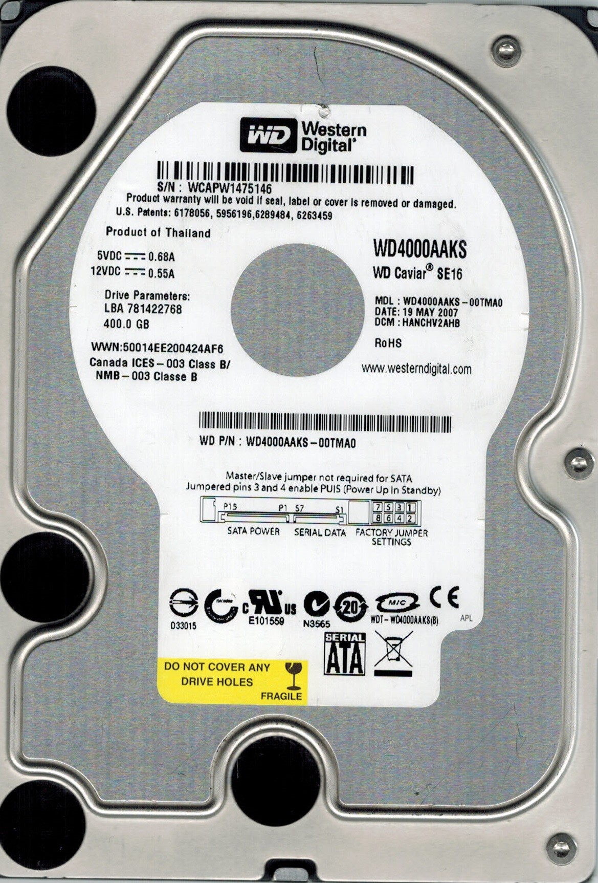 Western Digital WD4000AAKS-00TMA0 500GB DCM: HANCHV2AHB