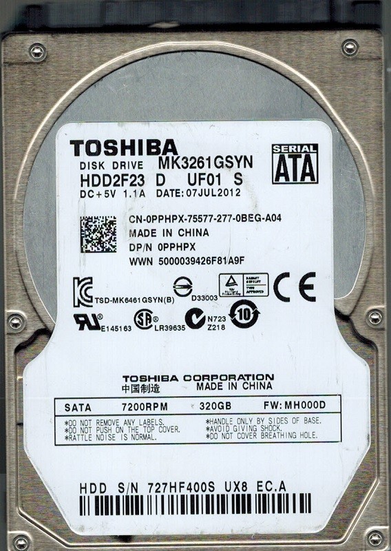 Toshiba MK3261GSYN HDD2F23 D UF01 S 320GB SATA CHINA