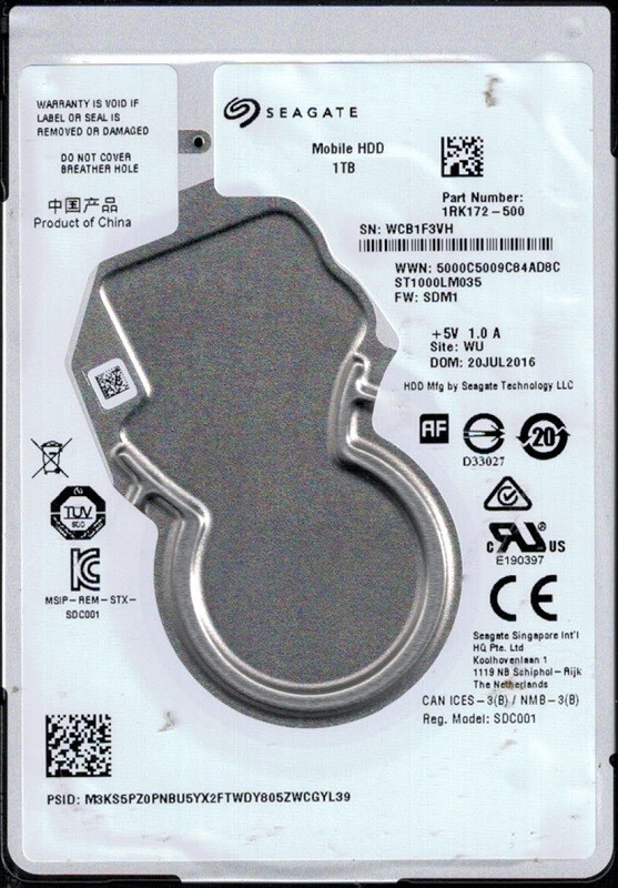 ST1000LM035 P/N: 1RK172-500 F/W: SDM1 WU WCB Seagate 1TB Mobile HDD