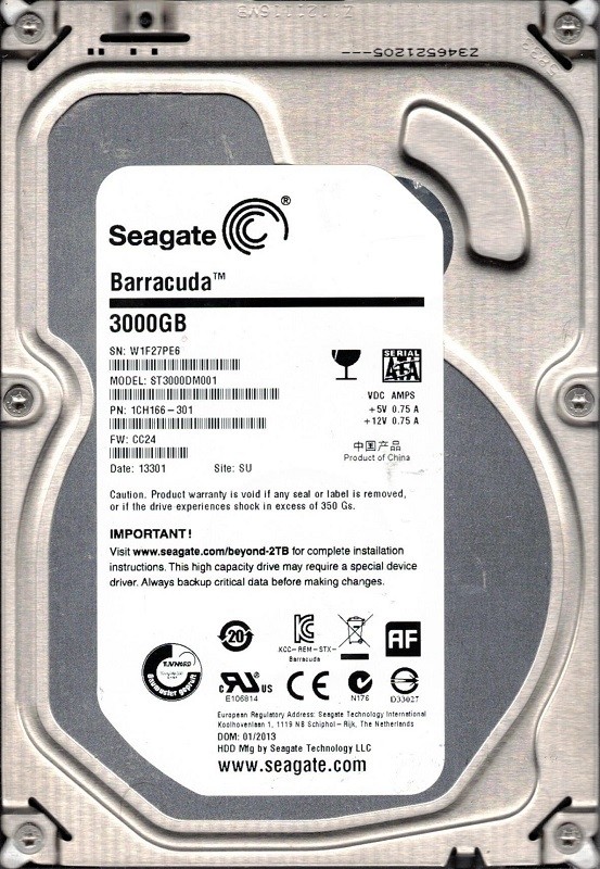 ST3000DM001 P/N: 1CH166-301 F/W: CC24 SU W1F Seagate 3TB