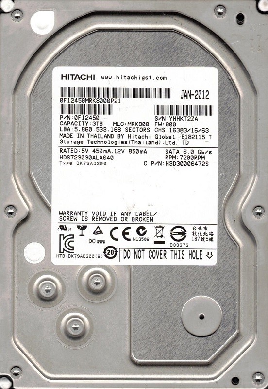 Hitachi HDS723030ALA640 P/N: 0F12450 MLC: MRK800 3TB