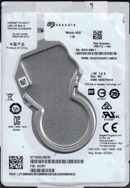 ST1000LM035 P/N: 1RK172-189 F/W: ACM1 WU WES Seagate 1TB Mobile HDD