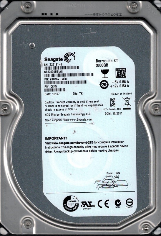 Seagate ST33000651AS F/W: CC45 P/N: 9KC16V-300 TK Z29 3TB