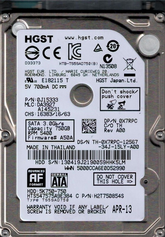 Hitachi HTS547575A9E384 P/N: 0J15333 MLC: DA3927 750GB