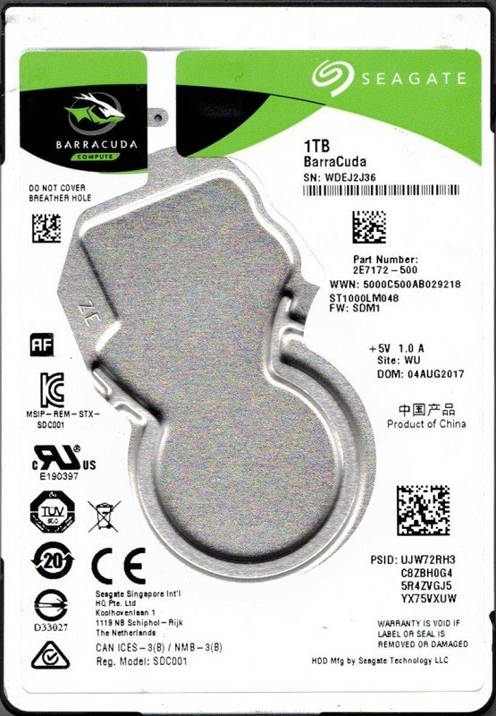 ST1000LM048 P/N: 2E7172-500 F/W: SDM1 WU WDE Seagate BarraCuda 1TB