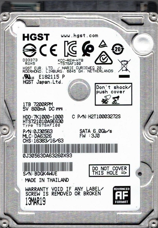 HTS721010A9E630 P/N: 0J30563 MLC: DA6326 HGST 1TB