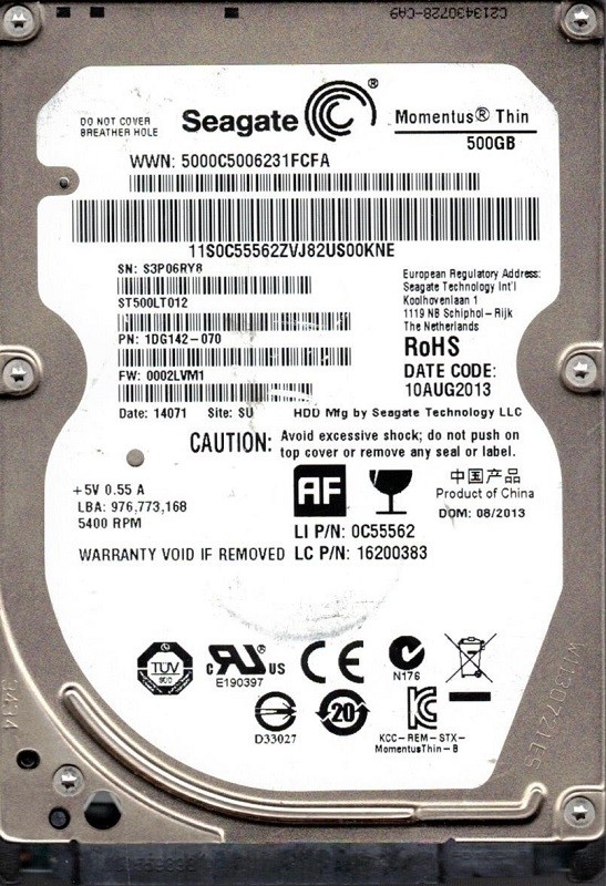 ST500LT012 P/N: 1DG142-070 F/W: 0002LVM1 SU S3P Seagate 2.5" HDD 500GB