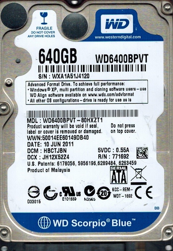 Western Digital WD6400BPVT-80HXZT1 640GB DCM: HBCTJBN