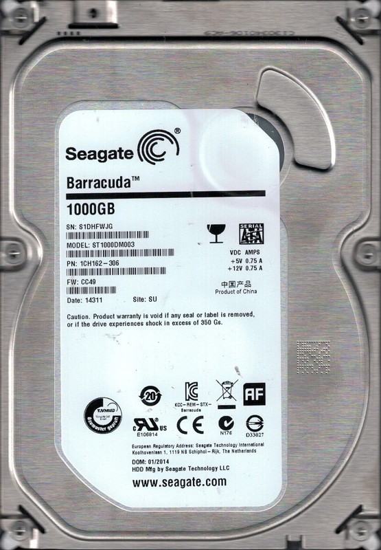 ST1000DM003 P/N: 1CH162-306 F/W: CC49 SU S1D Seagate Barracuda 1TB