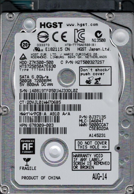 HTS725050A7E630 P/N: 0J37135 MLC: DA6047 China HGST 500GB