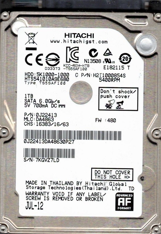 Hitachi HTS541010A9E680 P/N: 0J22413 MLC: DA4863 1TB Thailand