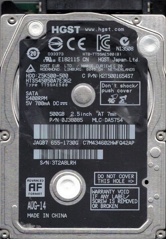 HGST HTS545050A7E362 P/N: 0J38085 MLC: DA5754 MAC 655-1730G 500GB
