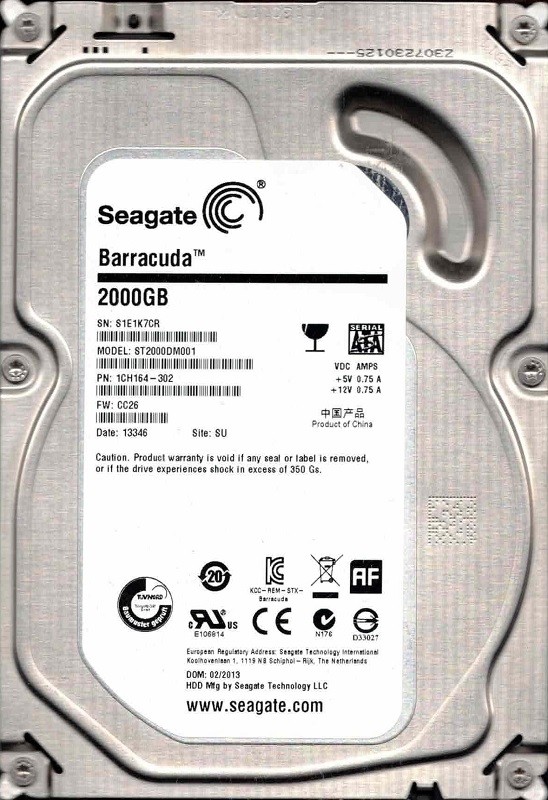 ST2000DM001 F/W: CC26 P/N: 1CH164-302 SU S1E1 02/2013 Seagate 2TB
