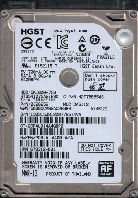 HTS541075A9E680 P/N: 0J26252 MLC: DA5112 HGST 750GB