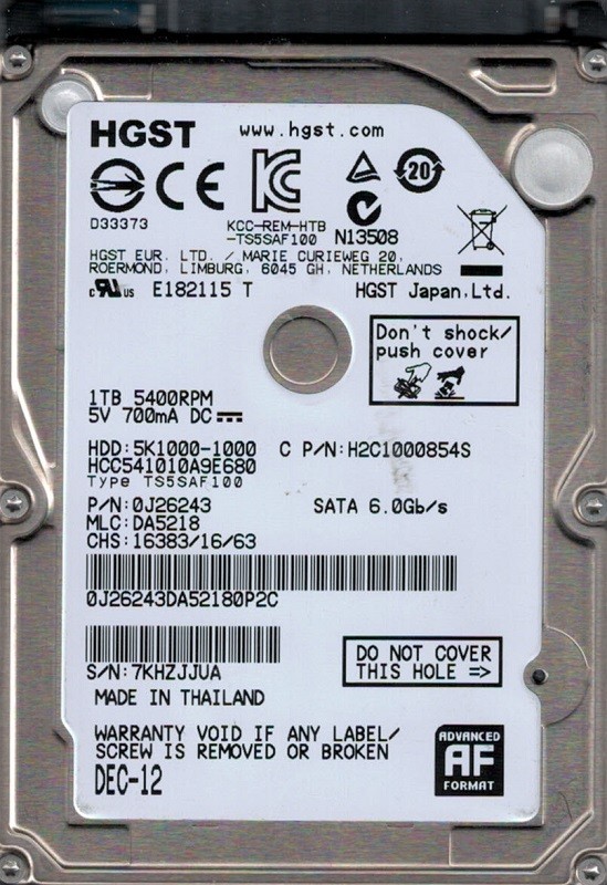 HCC541010A9E680 P/N: 0J26243 MLC: DA5218 Thailand HGST 1TB