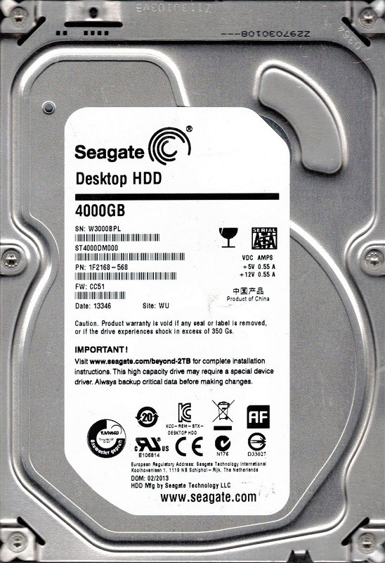 Seagate ST4000DM000 F/W: CC51 P/N: 1F2168-568 WU W30 4TB