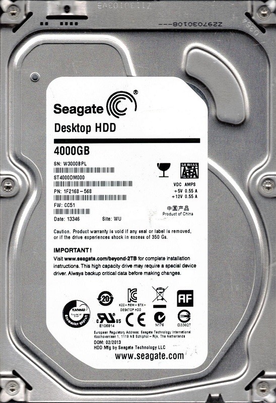 Seagate ST4000DM000 F/W: CC51 P/N: 1F2168-568 WU W300 4TB
