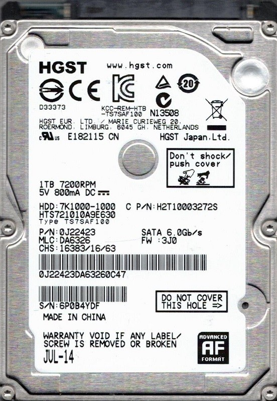 HTS721010A9E630 P/N: 0J22423 MLC: DA6326 China HGST 1TB