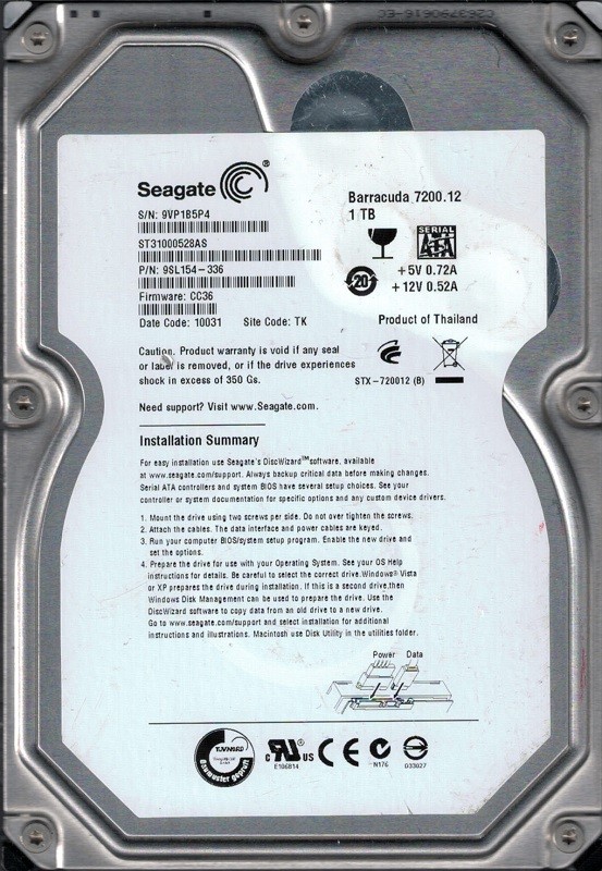 Seagate ST31000528AS P/N: 9SL154-336 F/W: CC36 1TB TK 9VP