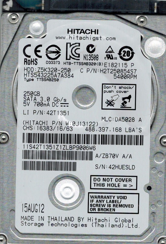 Hitachi HTS543225A7A384 P/N: 0J13122 MLC: DA5028 250GB