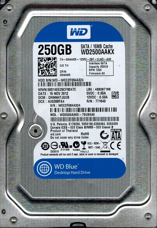 Western Digital WD2500AAKX-75U6AA0 250GB DCM: DHNNHTJGEB