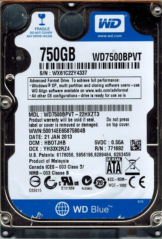 Western Digital WD7500BPVT-22HXZT3 750GB DCM: HBOTJHB