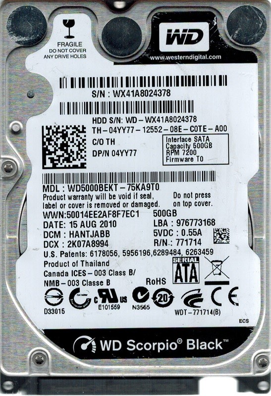 Western Digital WD5000BEKT-75KA9T0 500GB DCM: HANTJABB