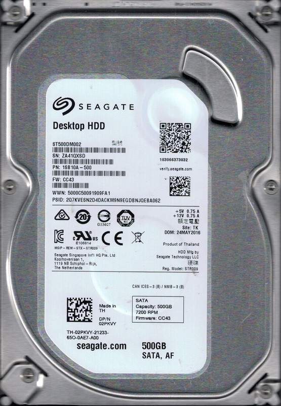 ST500DM002 P/N: 1SB10A-500 F/W: CC43 TK ZA4 Seagate 500GB