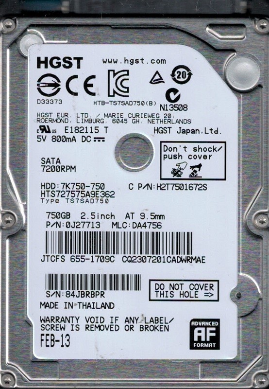 Hitachi HTS727575A9E362 MAC 655-1709C MLC: DA4756 P/N: 0J27713