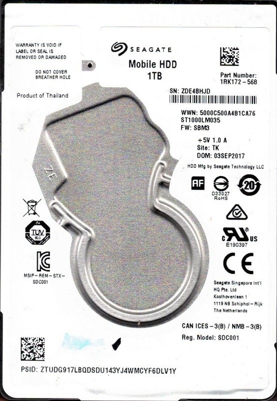 ST1000LM035 P/N: 1RK172-568 F/W: SBM3 TK ZDE Seagate 1TB
