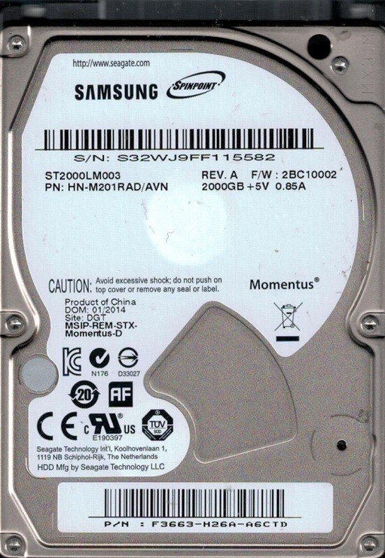 Samsung ST2000LM003 HN-M201RAD/AVN 2TB F/W: 2BC10002 DGT Seagate