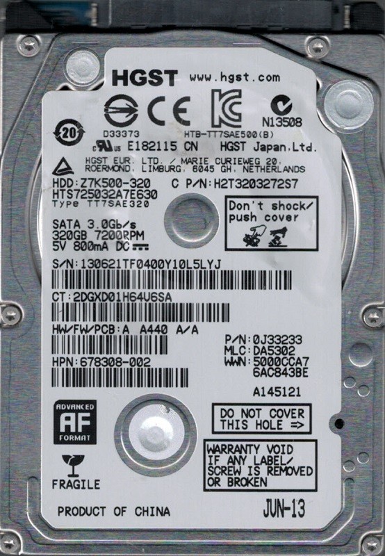 HTS725032A7E630 MLC: DA5302 P/N: 0J33233 HGST 320GB