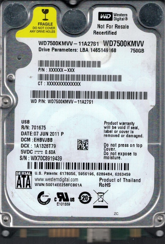 WD7500KMVV-11A27S1 DCM: EHBVJBB WX70C Western Digital 750GB
