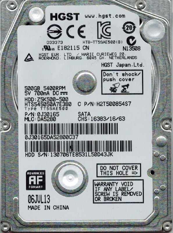 Hitachi HTS545050A7E380 P/N: 0J30165 MLC: DA5280 500GB