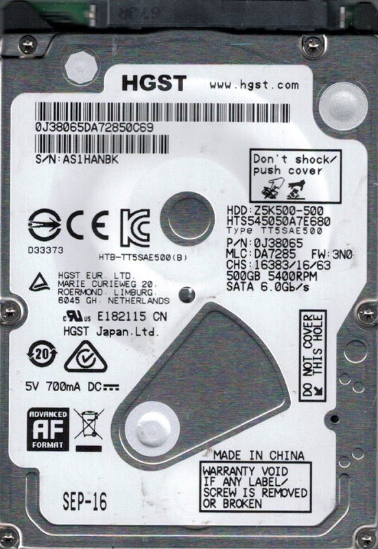 HTS545050A7E680 P/N: 0J38065 MLC: DA7285 HGST 500GB
