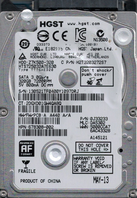 HTS725032A7E630 P/N: 0J33233 MLC: DA5302 China HGST 320GB 