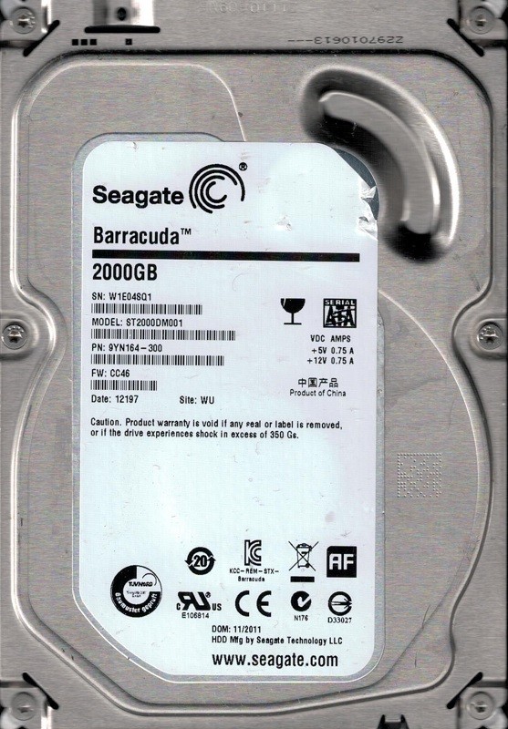 ST2000DM001 P/N: 9YN164-300 F/W: CC46 WU W1E Seagate 2TB Desktop Hard Drive