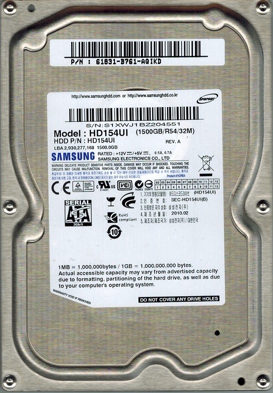 Samsung HD154UI SPINPOINT 1.5TB P/N: 61831-B761-AQIKD