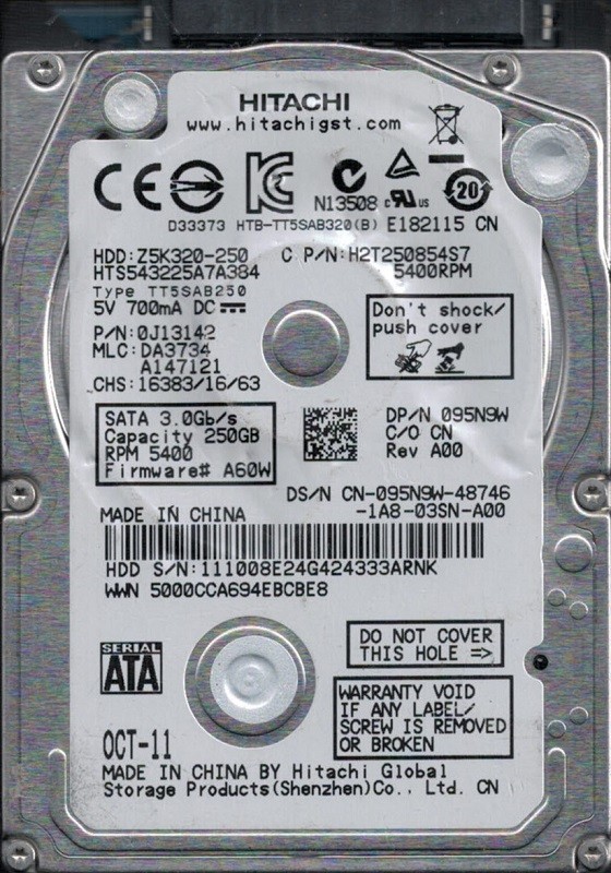 Hitachi HTS543225A7A384 P/N: 0J13142 MLC: DA3734 250GB