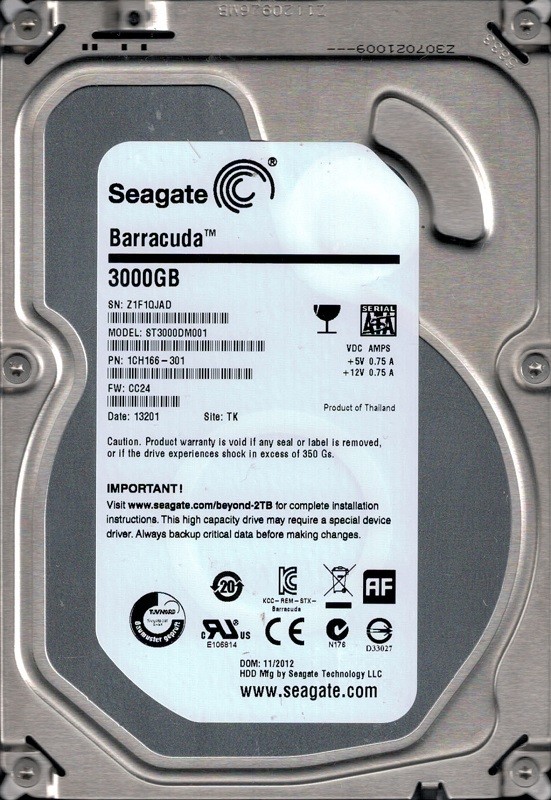 ST3000DM001 P/N: 1CH166-301 F/W: CC24 TK Z1F Seagate 3TB Barracuda