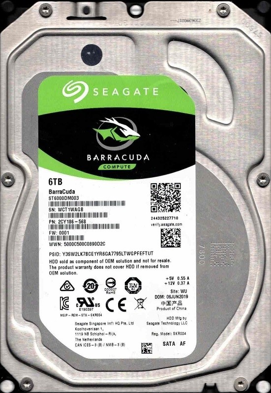 ST6000DM003 P/N: 2CY186-568 F/W: 0001 WU WCT JUN 2019 Seagate 6TB