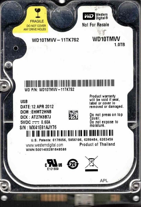 WD10TMVV-11TK7S2 DCM: EHMT2HNB WX41E APR 2012 Western Digital 1TB