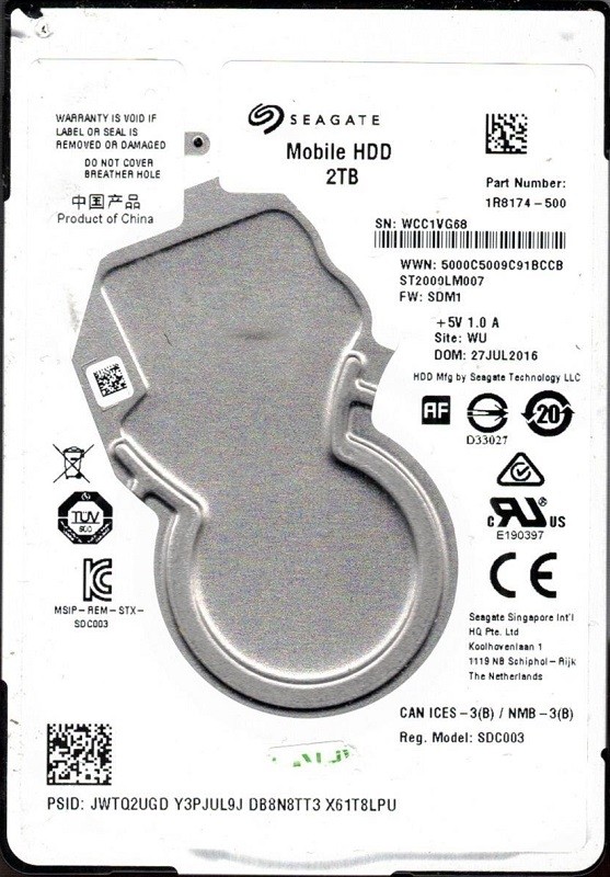 ST2000LM007 P/N: 1R8174-500 F/W: SDM1 WU WCC 2TB Seagate 2.5" Hard Drive