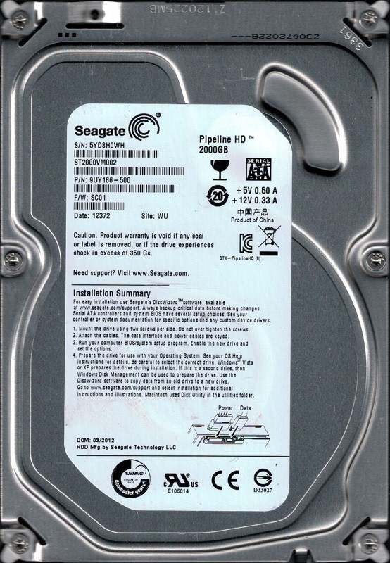 Seagate ST2000VM002 P/N: 9UY166-500  F/W: SC01 WU 5YD 2TB