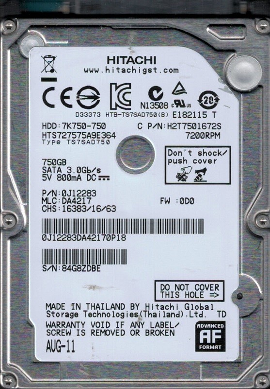 Hitachi HTS727575A9E364 P/N: 0J12283 MLC: DA4217 750GB