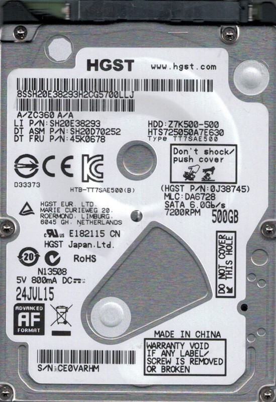 HTS725050A7E630 P/N: 0J38745 MLC: DA6728 HGST 500GB