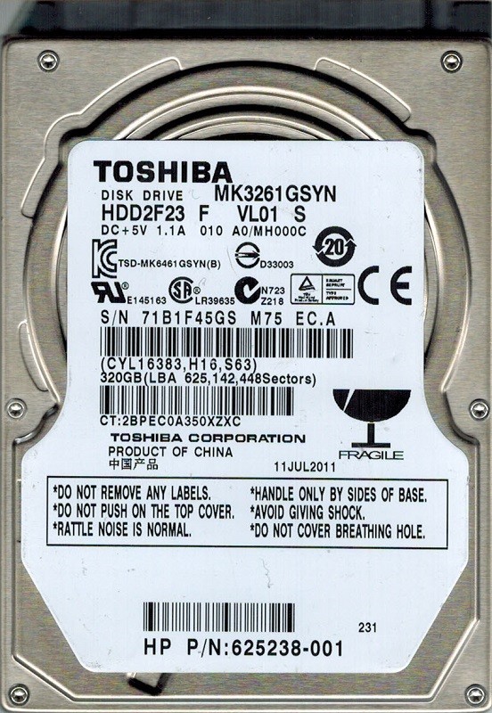 Toshiba MK3261GSYN HDD2F23 F VL01 S F/W: A0/MH000C CHINA 320GB